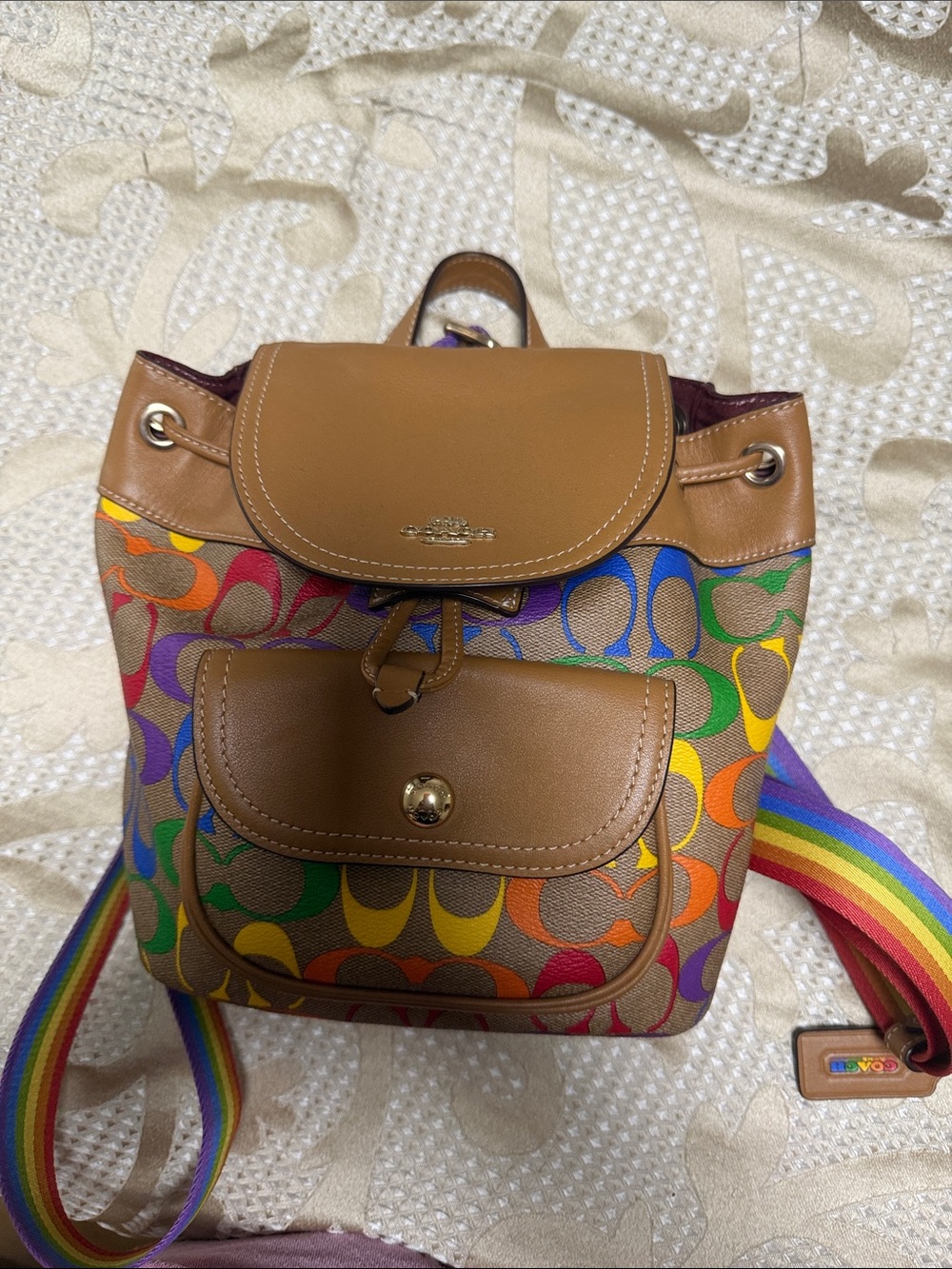 Coach Multicolor Signature Canvas Mini Backpack with Brown Leather Trim
